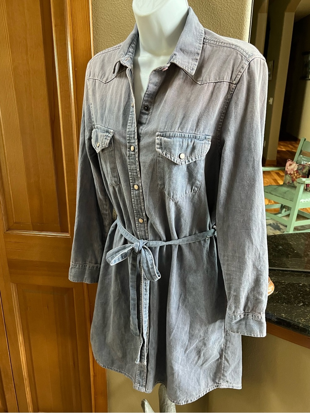 🍃💕GAP Western Style Tie Waist Denim Shirt Dress Faded Ombré Pink/Blue Size S